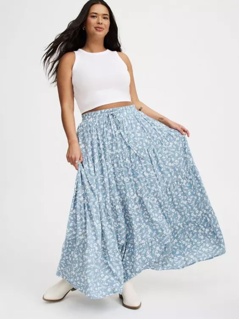 Light Blue Floral Tiered Maxi Skirt